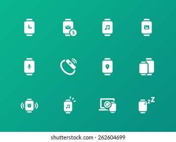 Collection of smart watch app icons on green background. Vector illustration.