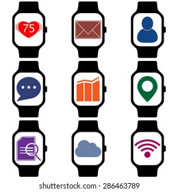 Collection of smart watch with icon on display. Vector illustration, color, isolated