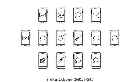 Coleção de ícones da interface do smartphone representando várias aplicações digitais e características vetor