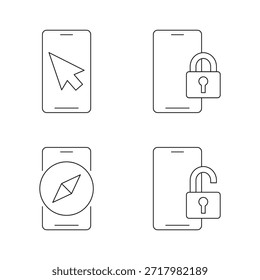 Sammlung von Smartphone-Zeilensymbolen für Navigation und Schloss.