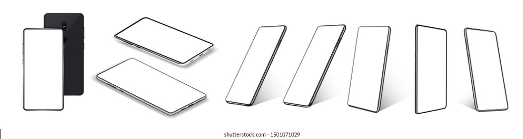 A collection of smartphones at different angles. Mobile phones isolated on white background, different sides of the Mockups. Smartphone generic device. 3D realistic gadgets. Rotated position. Vector