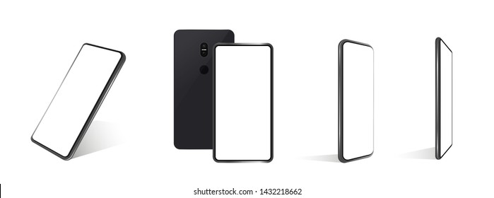 A collection of smartphones at different angles. Vector mockups. Collection mobile phones isolated on white background.  Mockup generic device. Vector smartphones set. 3D realistic phones, template 