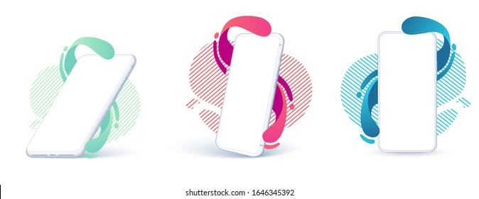 	
A collection of smartphones at different angles. Vector mockups. Collection mobile phones isolated, on an abstract background. 3d illustration cell phone. Perspective view. 