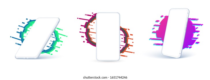  A collection of smartphones at different angles. Vector mockups. Collection mobile phones isolated, on an abstract background. 3d illustration cell phone. Perspective view, glitch style on white.