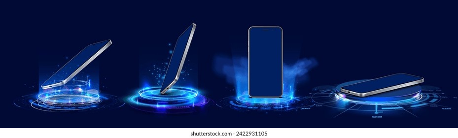 A collection of smartphones floating above holographic interfaces, highlighting advanced technology and connectivity features. Futuristic Smartphones with Holographic Projection Technology. Vector