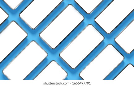 Collection of smartphones, top view, on a blue background. Smartphone with a blank white screen. Template for infographics or presentation UI design interface. vector