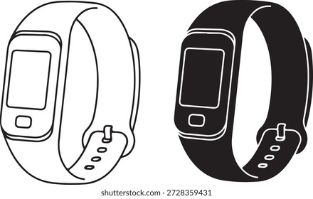 Coleção de smartwatch e ícones de rastreador de atividade com arte de linha minimalista e silhuetas em preto sólido. Perfeito para a saúde design de aplicativo conceito de interface de tecnologia digital estilo de vida moderno acessório ilustração e esportes biometric dados rastreamento visualização.