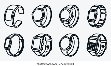 Colección de diseños de relojes inteligentes en varios ángulos y estilos con correas y pantallas