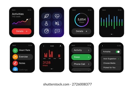 colección Pantallas de interfaz de usuario de smartwatch Ilustración vectorial con seguimiento de fitness Configuraciones de reproductor de música y gráficos de actividad Desarrollo de App Diseño UX UI