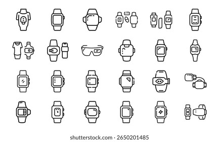 Collection of smartwatch and wearable technology icons in clean minimalist line art style