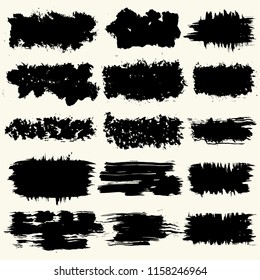 Collection of smears with black paint, strokes, brush strokes, stains and splashes, dirty lines, rough textures. Elements of artistic design.