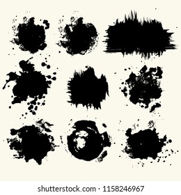 Collection of smears with black paint, strokes, brush strokes, stains and splashes, dirty lines, rough textures. Elements of artistic design.