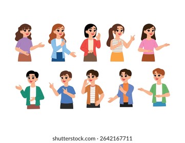 collection smile man and woman character wear casual clothing presenting hand gesture, happy male and female pointing finger up illustration