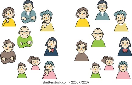 A collection of smiles and embarrassed expressions from grandfather to grandchildren set illustration material
