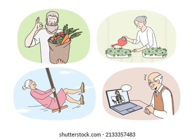 Collection of smiling active mature people have fun relax on retirement. Set of happy energetic elderly men and women enjoy good maturity. Pension and hobby concept. Vector illustration. 