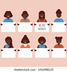 Collection of smiling afro american young women holding clean placards. Set of portrait avatar with african female . Vector illustration in flat style. Feminism, no racism, activist. We are women