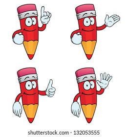 Collection of smiling cartoon pencils with various gestures.