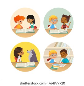 Collection of smiling children reading books and talking to each other at school library. Set of school kids discussing literature in round frames. Cartoon vector illustration for banner, poster.