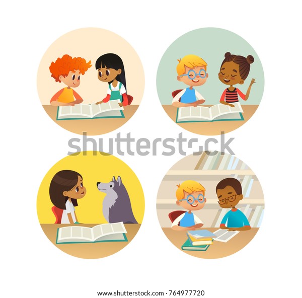 学校の図書館で読み合ったり 話し合ったりする笑顔の子どもたちのコレクション 学校の子どもたちが 文学を1組の枠組みで話し合う バナー ポスターの漫画のベクターイラスト のベクター画像素材 ロイヤリティフリー