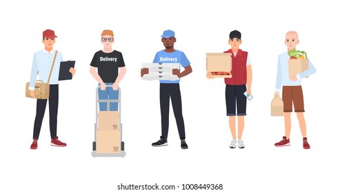 Collection of smiling delivery men. Set of courier boys holding packaged parcels, pizza boxes, paper bags with food. Flat cartoon characters isolated on white background. Colorful vector illustration.