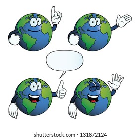 Collection Of Smiling Earth Globes With Various Gestures.