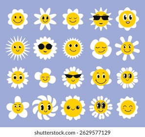  Collection of Smiling flowers Daisy Face 70s-style cartoon stickers with fun expressions isolated on blue background