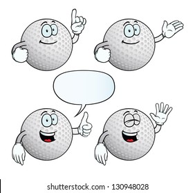 Collection of smiling golf balls with various gestures.