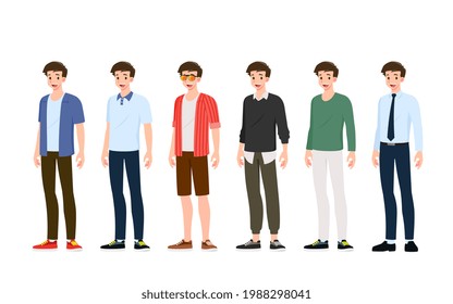 Collection of smiling handsome young man in different fashionable clothes style standing isolated on white background. Set of guys wearing various trendy of teenager street wear outfits apparel .