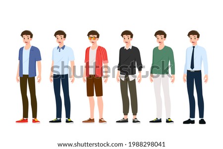 Collection of smiling handsome young man in different fashionable clothes style standing isolated on white background. Set of guys wearing various trendy of teenager street wear outfits apparel .
