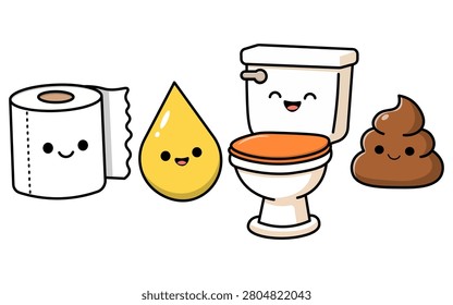 A collection of smiling kawaii characters featuring toilet paper, a yellow drop, a ceramic toilet, and a poop emoji for kids and health themes.