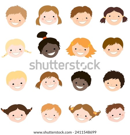Collection of smiling kids faces with different haircuts. 