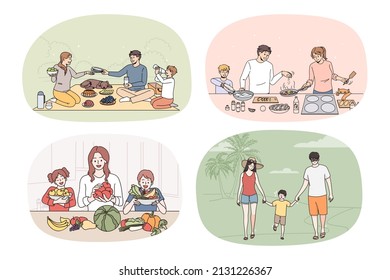 Collection of smiling loving parents and little kids have fun relax enjoy weekend together. Set of happy young family with children rest spend leisure time cooking. Parenthood. Vector illustration. 