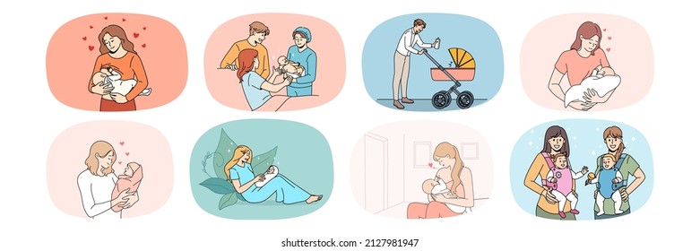 Collection of smiling loving young moms and dads take care of newborn babies. Set of happy parents enjoy parenthood hug baby infant. Family growing. Childhood and upbringing. Vector illustration. 