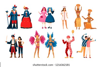 Colección de hombres y mujeres sonrientes vestidos con varios trajes festivos para el desfile de fiestas, carnaval veneciano o brasileño, fiesta temática en casa. Ilustración vectorial colorida al estilo de las caricaturas planas.