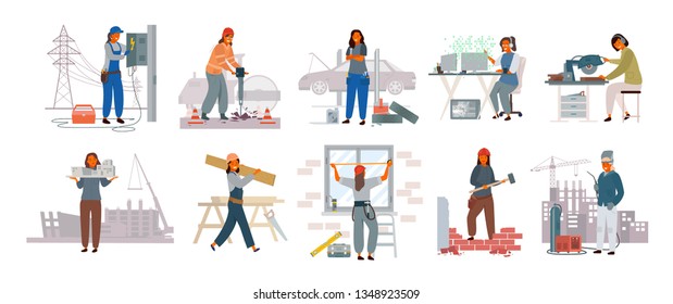 Collection of smiling modern women  who work as electricians, builders, welders, programmers, mechanics, architects. Profession, occupation or job set. Colorful vector illustration in flat  style.