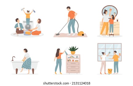 Collection of smiling people doing housework. Washing window, vacuuming carpet, spraying plant, washing bathtube. Flat cartoon vector illustration.