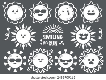 collection of smiling sun cartoon wearing sunglasses. Hand drawn style  cute sun emoticons icons set. Emoticons and summer concept. Collection of yellow childish sunny emoticons. Smiling baby sun.