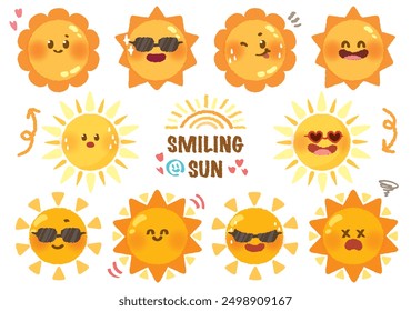 collection of smiling sun cartoon wearing sunglasses. Hand drawn style  cute sun emoticons icons set. Emoticons and summer concept. Collection of yellow childish sunny emoticons. Smiling baby sun.