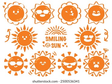 collection of smiling sun cartoon wearing sunglasses. Hand drawn style  cute sun emoticons icons set. Emoticons and summer concept. Collection of yellow childish sunny emoticons. Smiling baby sun.