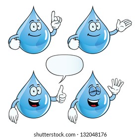 Collection of smiling water drops with various gestures.