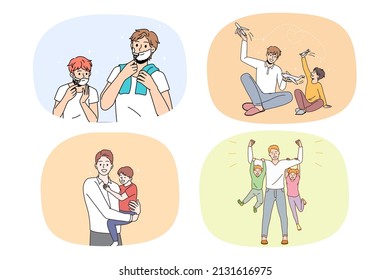 Collection of smiling young dad have fun spend time with small children. Set of happy loving dad relax play with little kid child. Fatherhood concept. Upbringing and childcare. Vector illustration. 