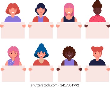 Collection of smiling young girl and women holding clean placards. Set of portrait avatar with female of different races african american caucasian european. Vector illustration in flat style
