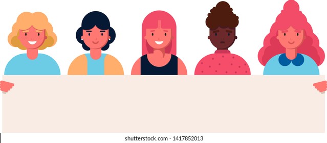 Collection of smiling young girl and women holding clean placard. Set of portrait avatar with female american caucasian european. Vector illustration in flat style. Feminism, women rights, activism