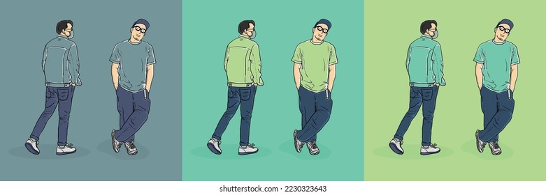 Colección Sonrientes jóvenes genial tipo positivo aislados en ilustraciones vectoriales de fondo azul y verde
