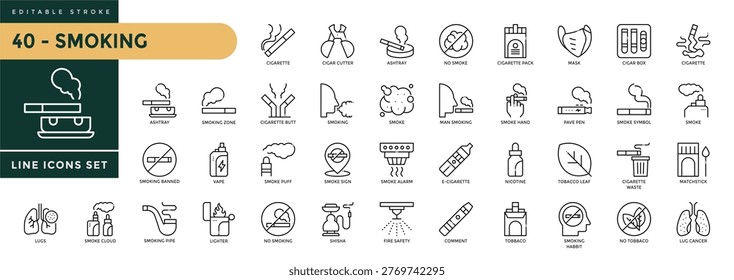 A collection of Smoking icons set with editable stroke, including cigarette, e-cigarette, ashtray, vape, smoke cloud, smoke alarm, and cigar cutter. Thin linear vector illustration.