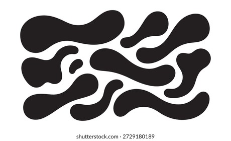 Una colección de Formas fluidas abstractas lisas y alargadas y de gotas líquidas orgánicas. Estas siluetas minimalistas de Vector negro presentan contornos suaves y curvos que evocan una sensación de movimiento y flujo natural. Perfecto para la marca moderna, fondos de Web contemporáneos, diseños estéticos de redes sociales y composiciones gráficas de vanguardia. Elementos versátiles de alta calidad para proyectos creativos digitales e impresos profesionales.