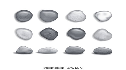 Collection of smooth gray stones in different shapes and sizes. Each stone is isolated on a white background. Ideal for design, background, and relaxation themes.