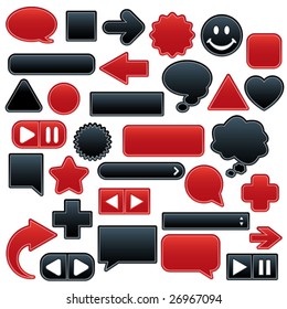 Collection of smooth, outlined web buttons and icons in luscious red and velvety black. Add your own text or symbols.