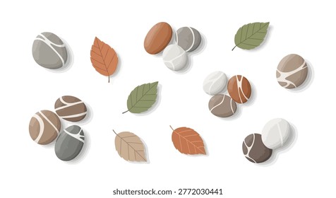 A collection of smooth pebbles and fallen autumn leaves arranged artfully on a clean white background, evoking tranquility and nature's beauty.