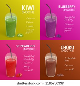 Collection of smoothie or cocktail recipes with colorful drinks made of tropical fruits, berries, chocolate and place for text. Beverages in plastic glasses with lid and straw. Vector illustration.